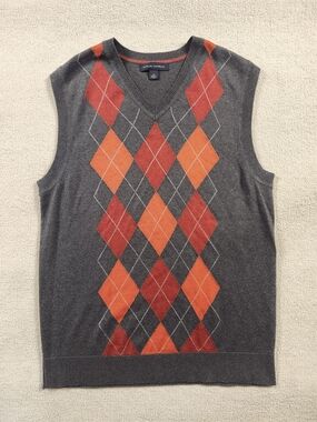 Banana Republic Silk Cashmere Sweater Vest Men Sm. Red Argyle V-Neck Pullover